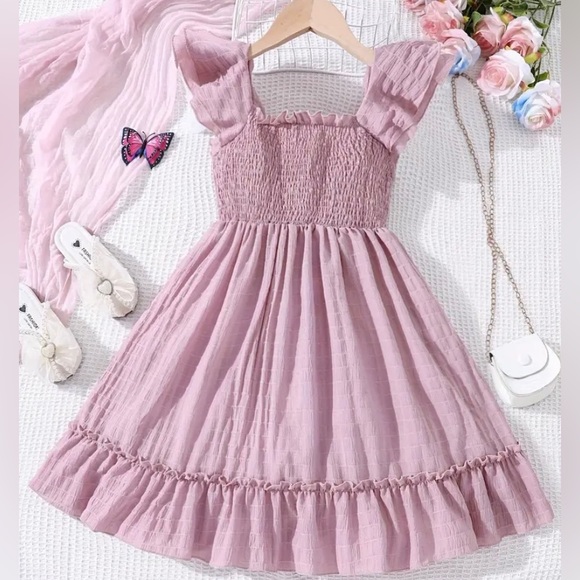 Other - Pink Square Neck Smocked Ruffle Trim Dress